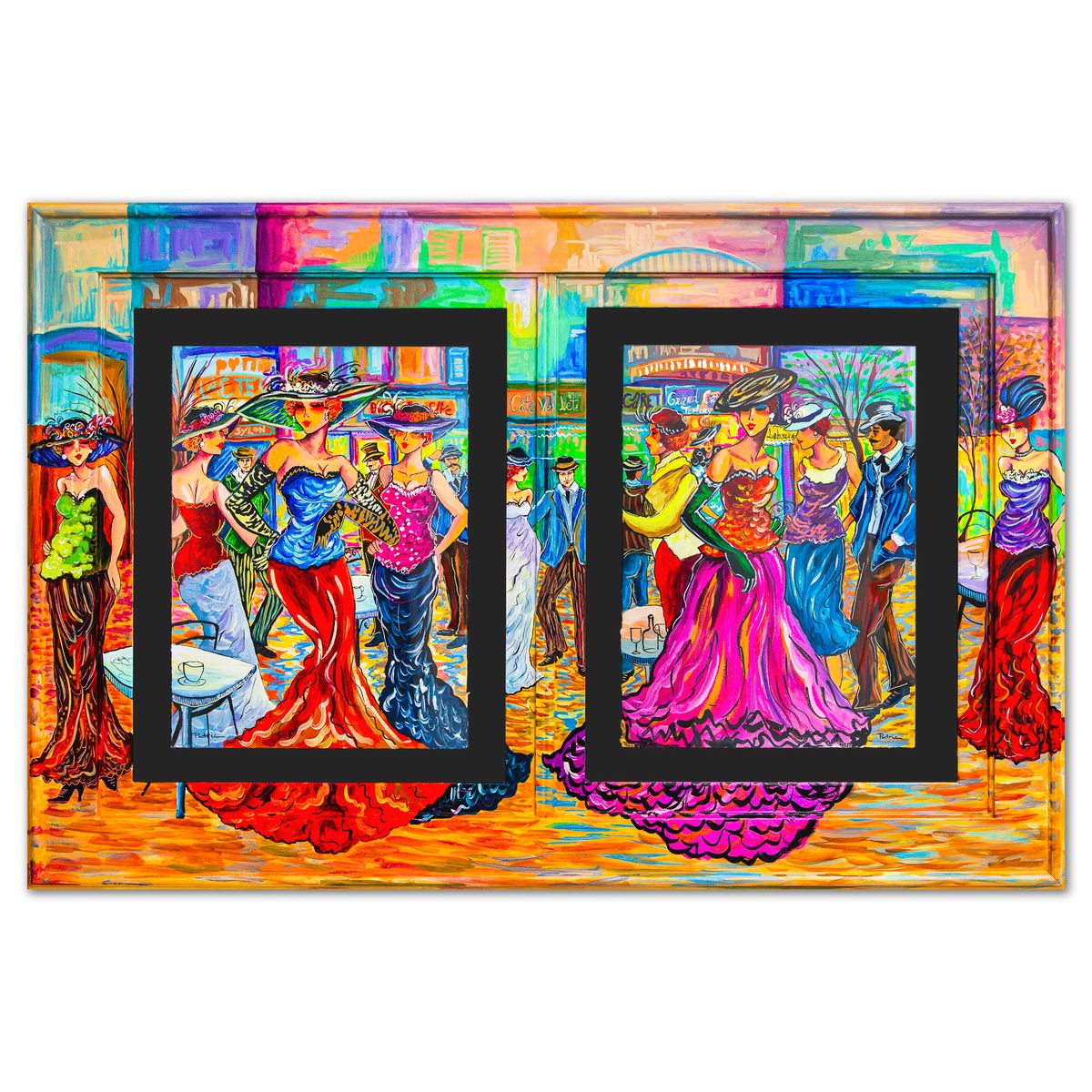 Patricia Govezensky- Original Watercolors with Hand Painted Frame "Cafe Society Gathering"
