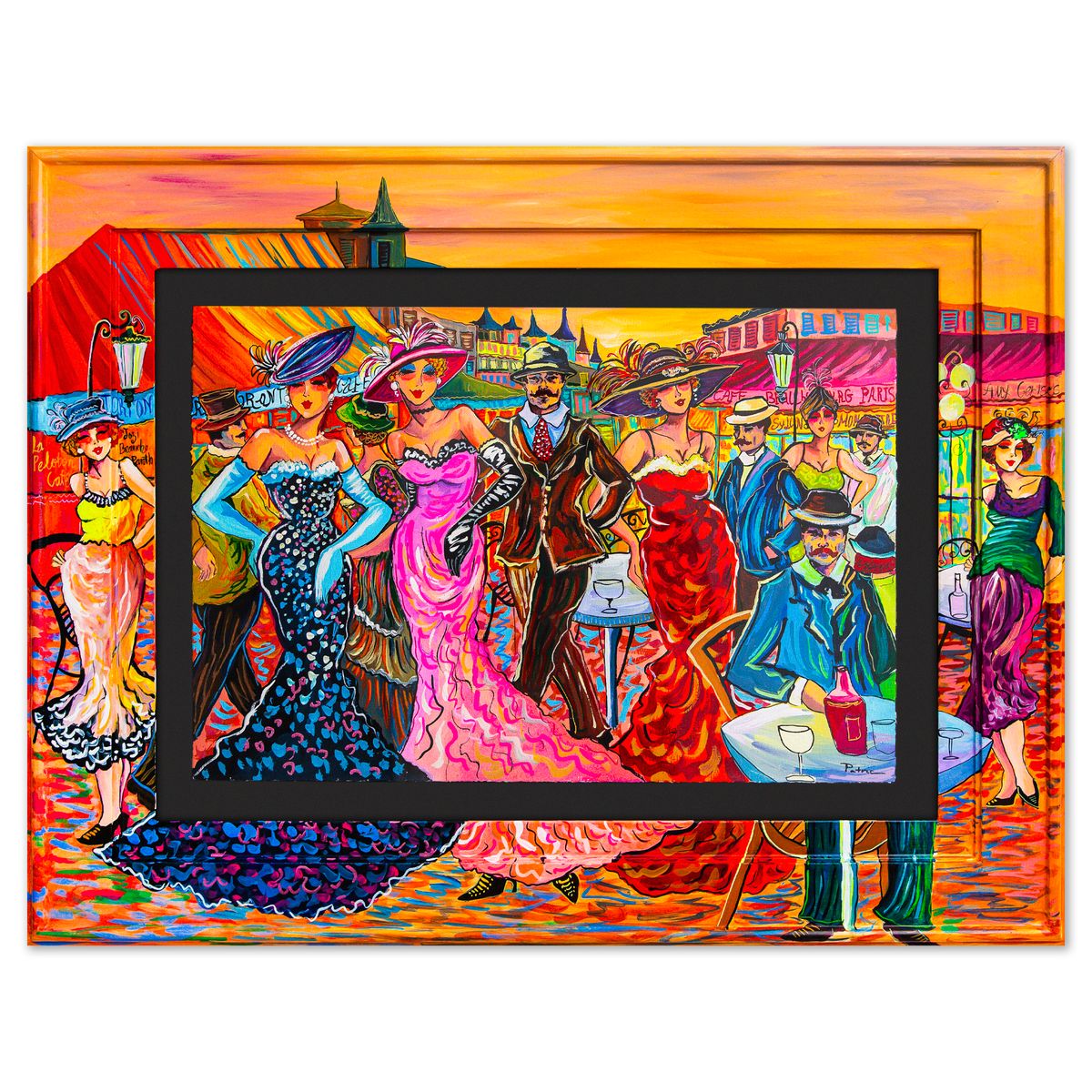 Patricia Govezensky- Original Watercolor with Hand Painted Frame "Afternoon on the Boulevard"