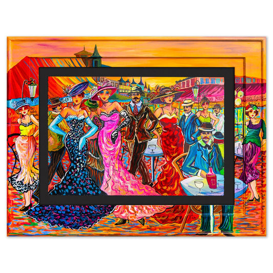 Patricia Govezensky- Original Watercolor with Hand Painted Frame "Afternoon on the Boulevard"