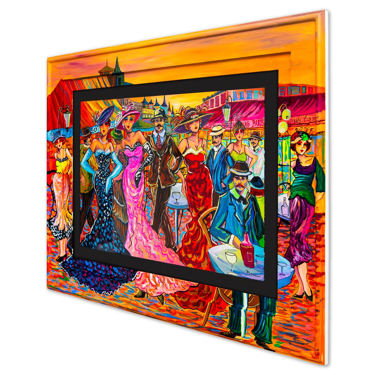 Patricia Govezensky- Original Watercolor with Hand Painted Frame "Afternoon on the Boulevard"