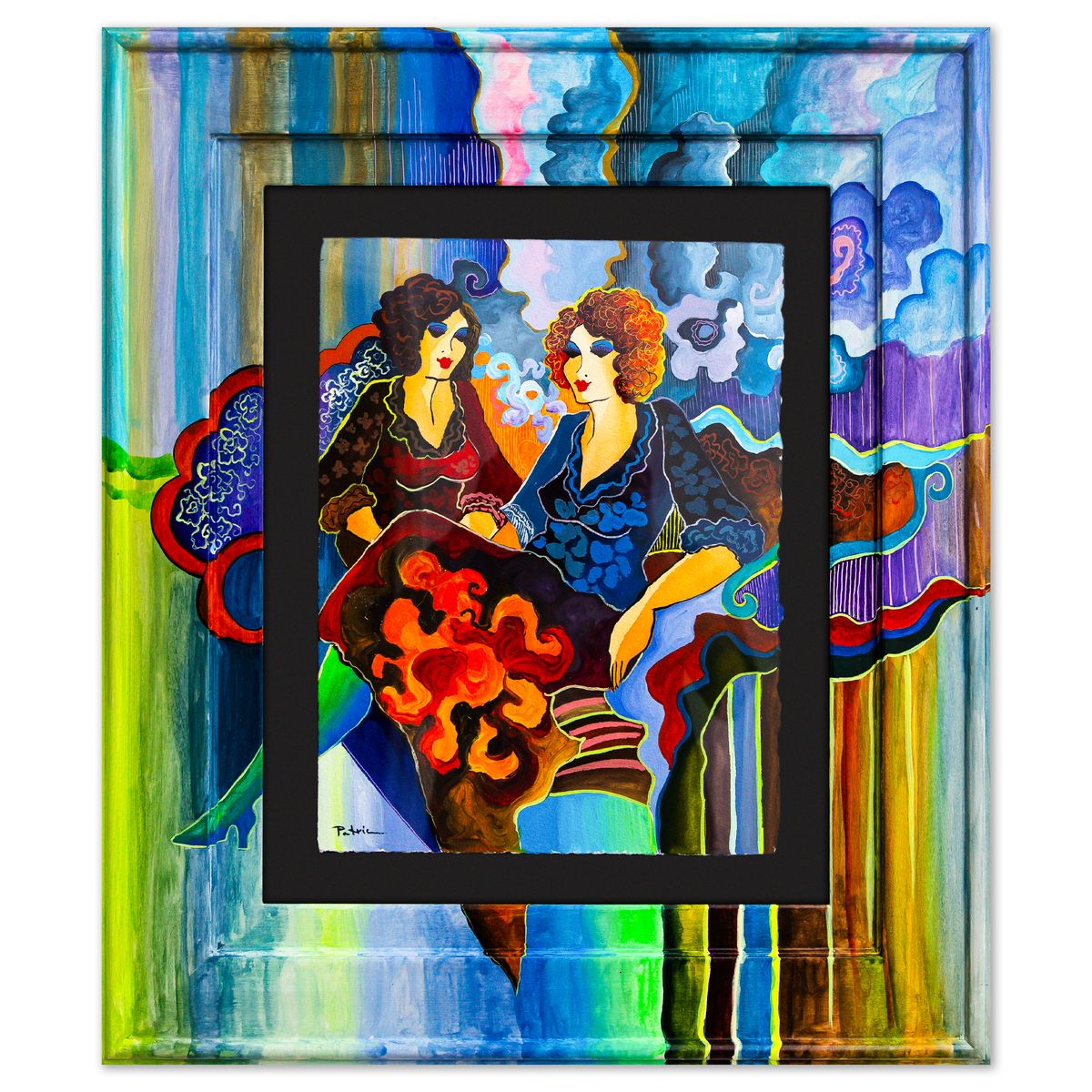 Patricia Govezensky- Original Watercolor with Hand Painted Frame "Parisian Encounters"