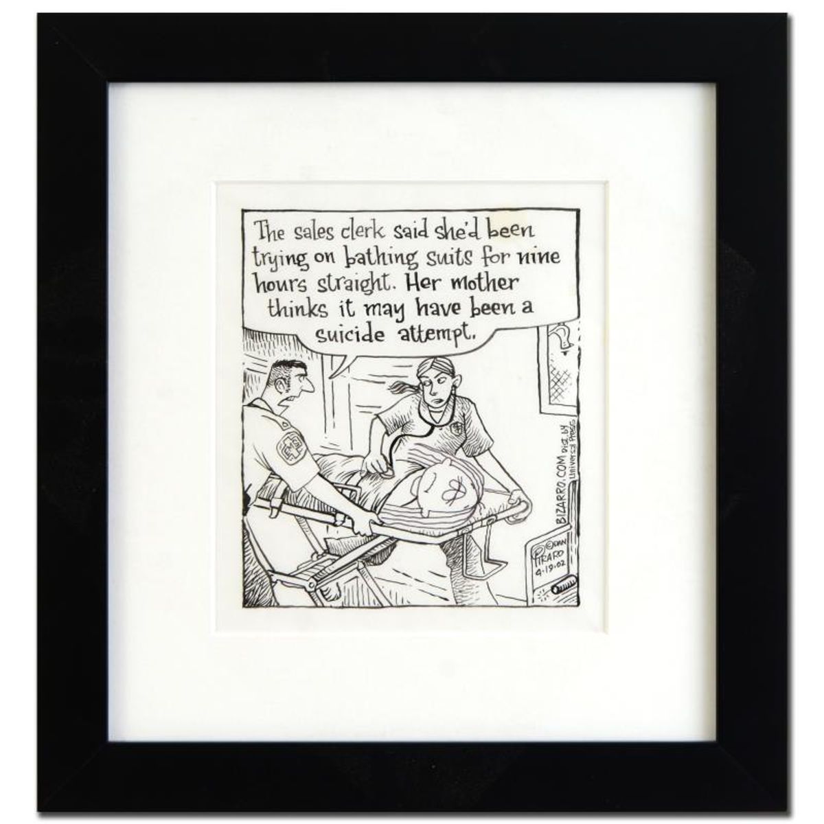 Bizarro, "Bathing Suit" is a Framed Original Pen & Ink Drawing, by Dan Piraro, Hand Signed by the Artist with COA.