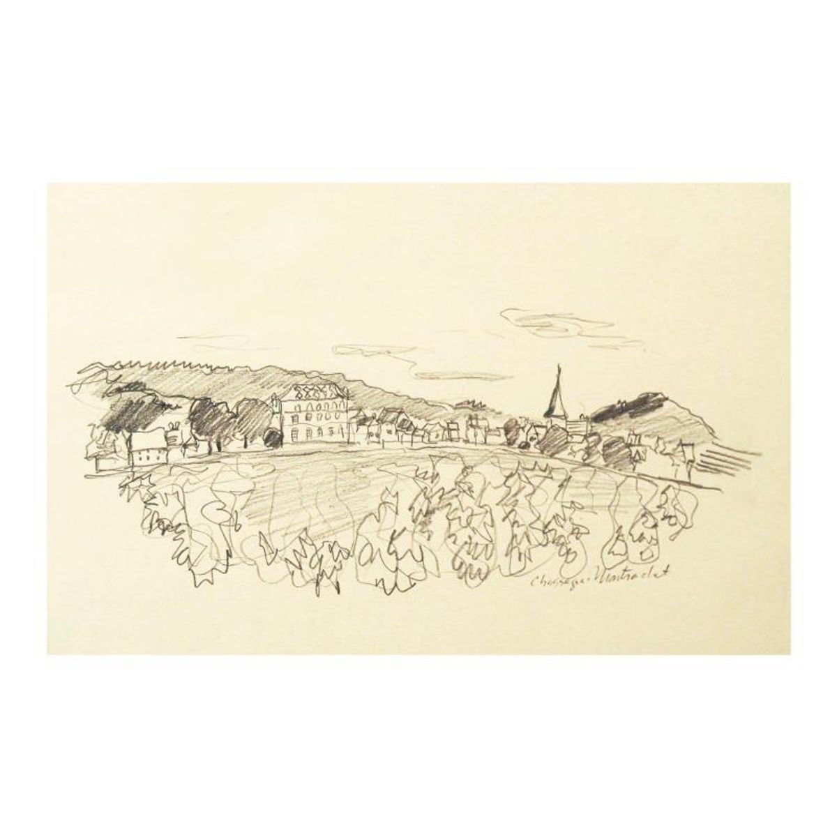 Wayne Ensrud "View of Chassange-Montrachet, Burgundy" Pencil Original Artwork; Hand Signed; COA