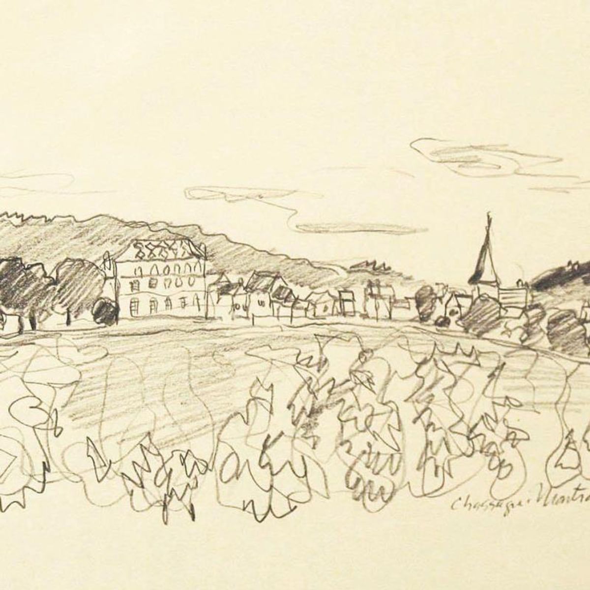 Wayne Ensrud "View of Chassange-Montrachet, Burgundy" Pencil Original Artwork; Hand Signed; COA
