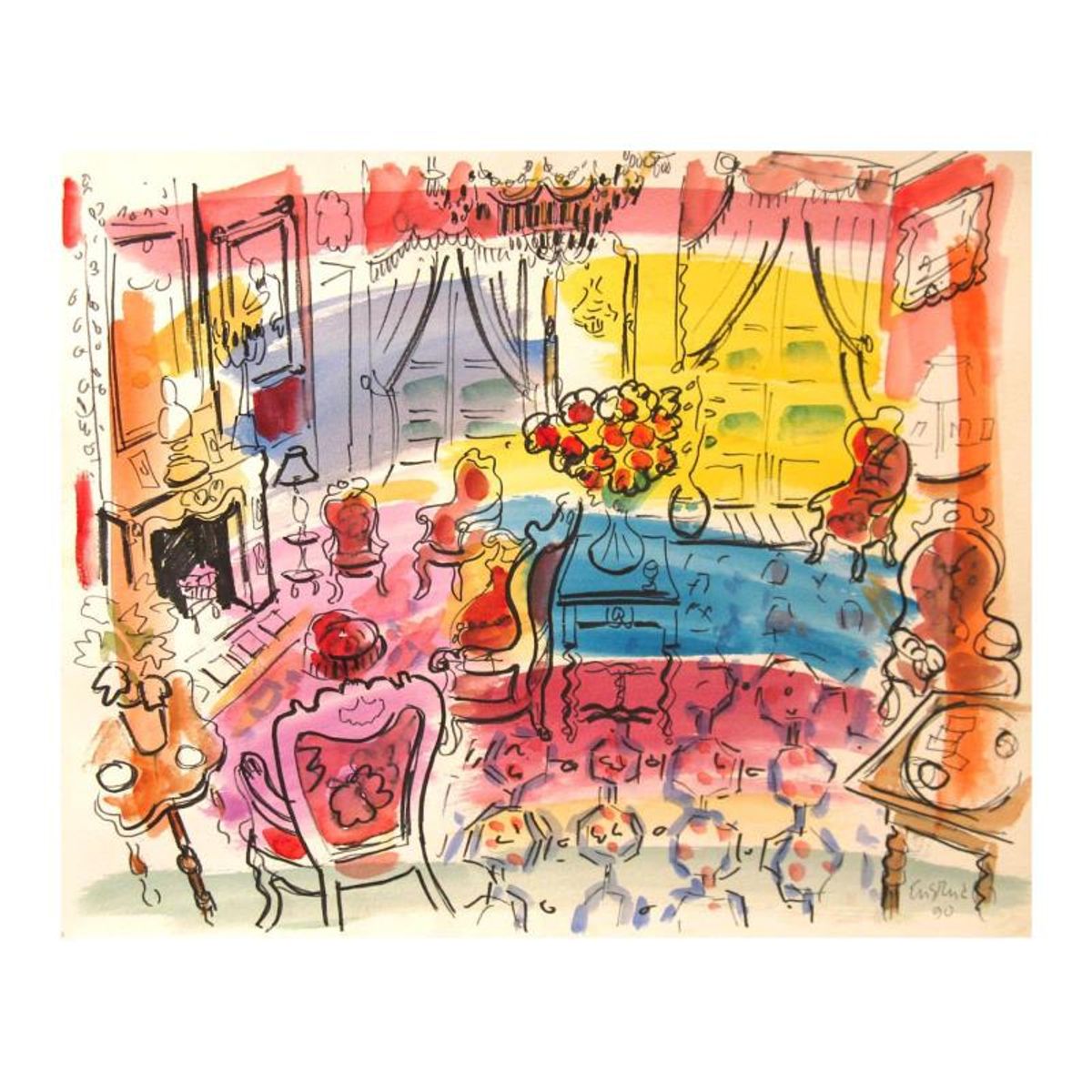 Wayne Ensrud "Salon Rouge of Chateau Lafite-Rothschild" Mixed Media Original Artwork; Hand Signed; COA