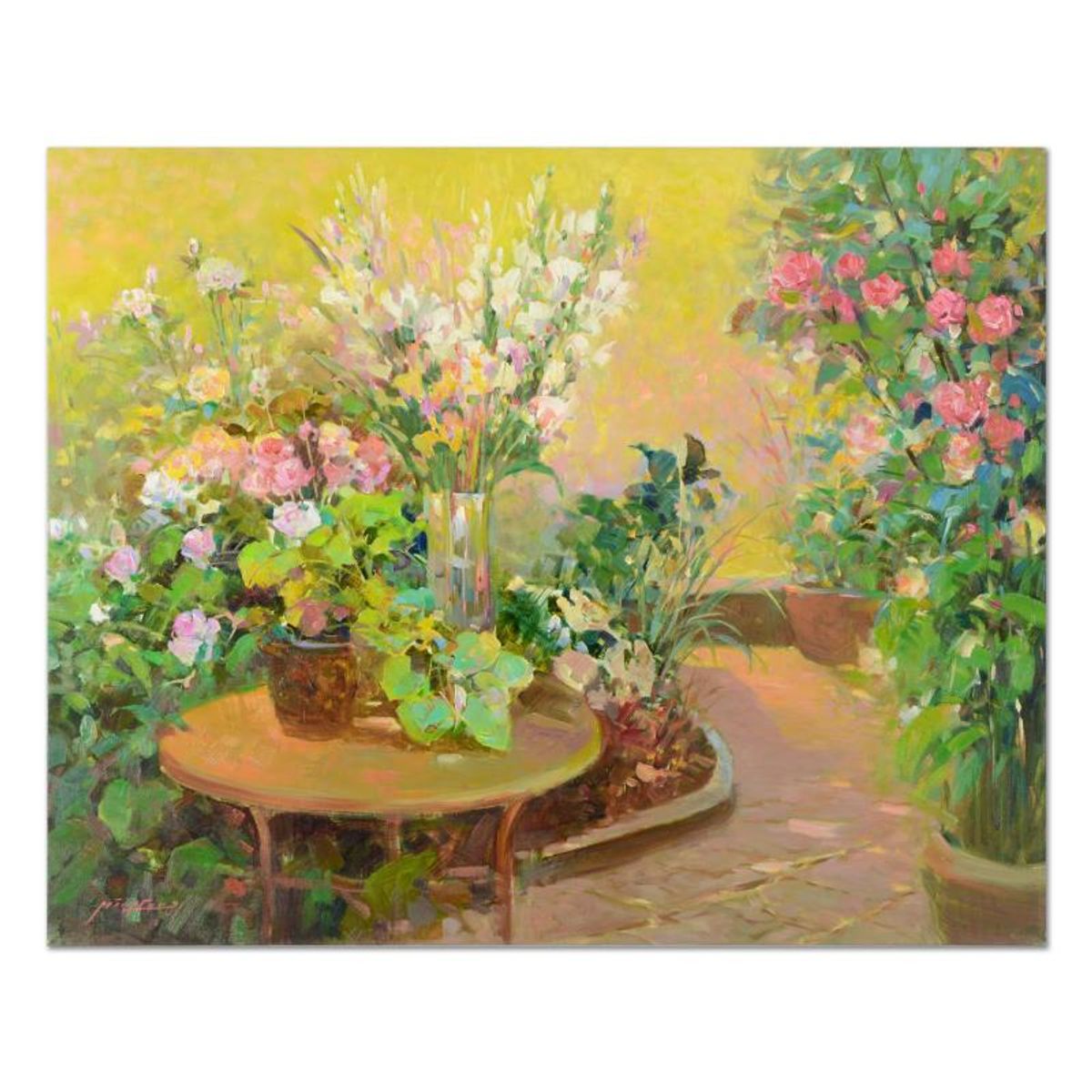 Ming Feng, "Cobblestone Walkway" Original Oil Painting on Canvas, Hand Signed with Letter of Authenticity.