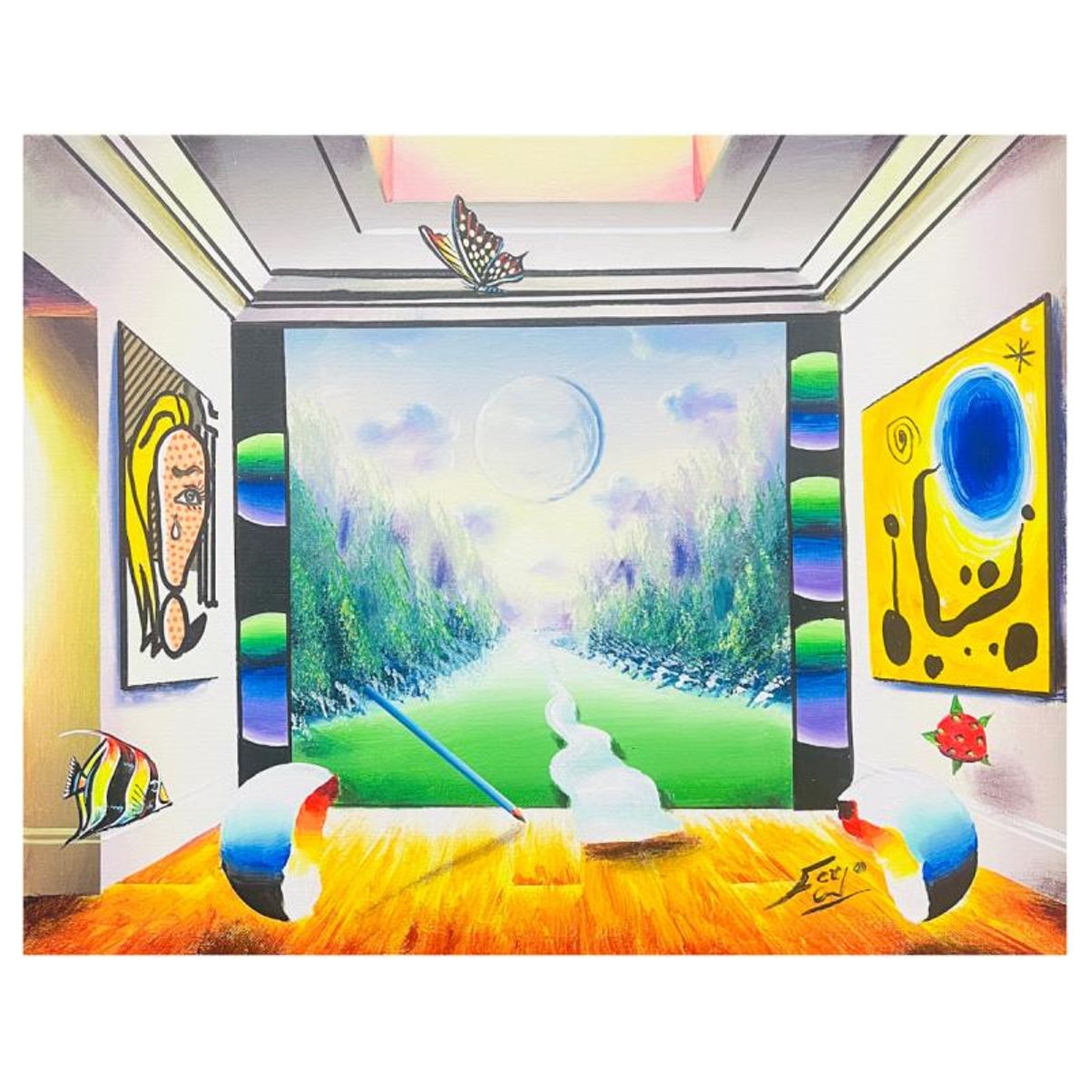 Ferjo, "Pathway to Lichtenstein and Miro" Hand Signed Original Painting on Canvas with Letter of Authenticity