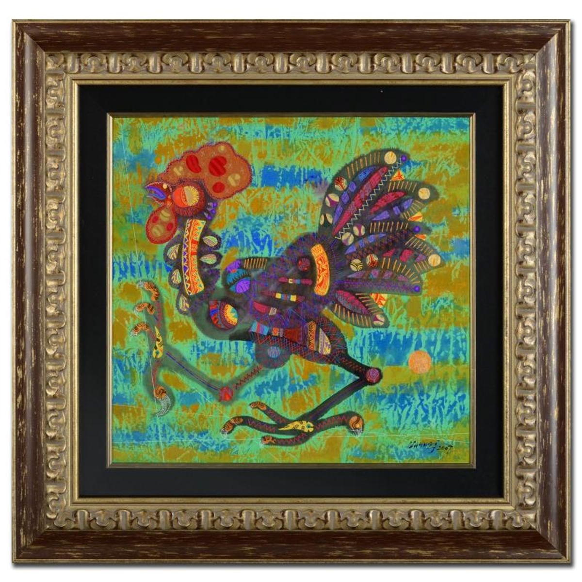 Earth Rooster Original Mixed Media Painting by Renowned Artist Lu Hong, Hand Signed by the Artist with Certificate of Authenticity. Custom Framed and Ready to Hang.