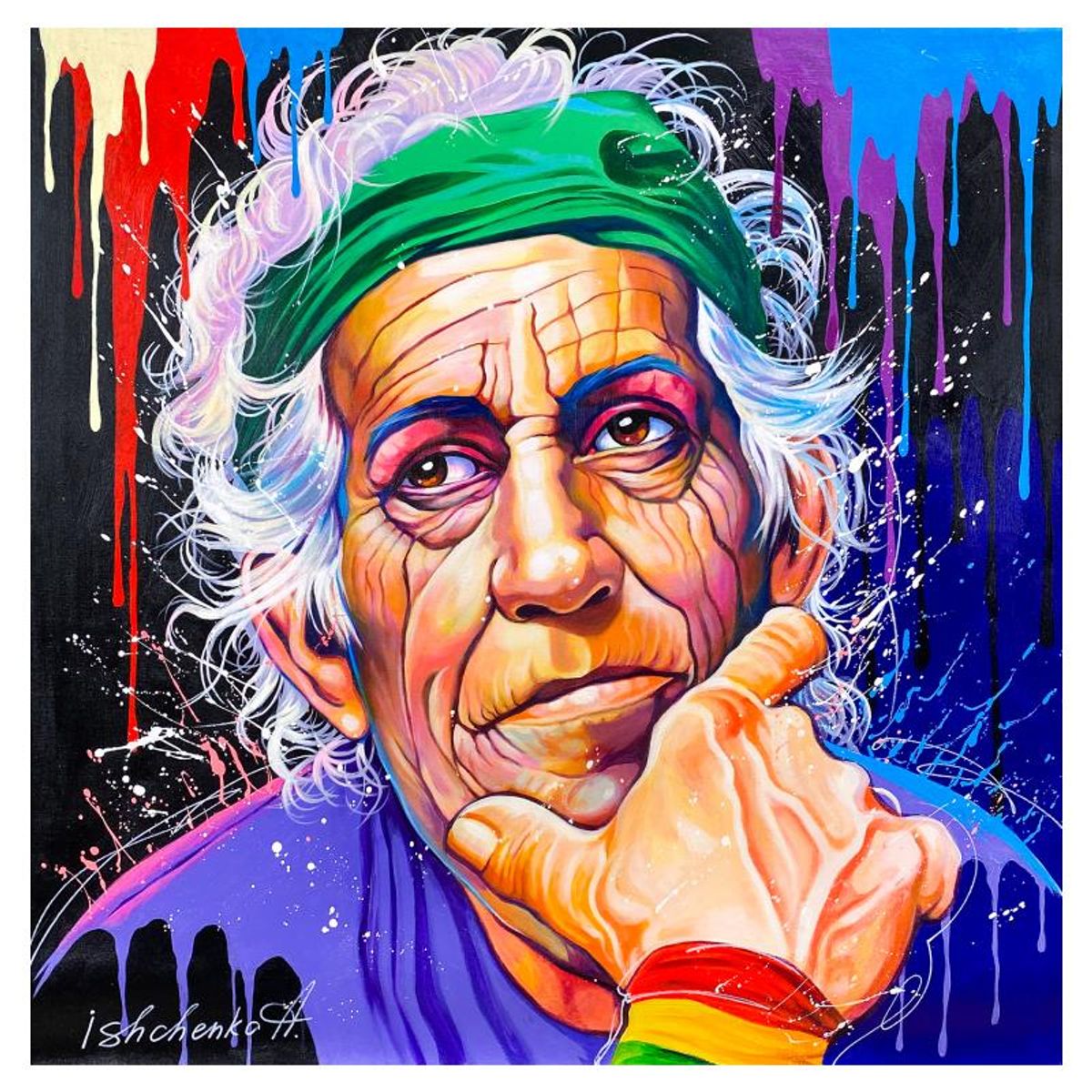 Alexander Ishchenko, "Keith Richards" Original Acrylic Painting on Canvas, Hand Signed with Letter Authenticity.