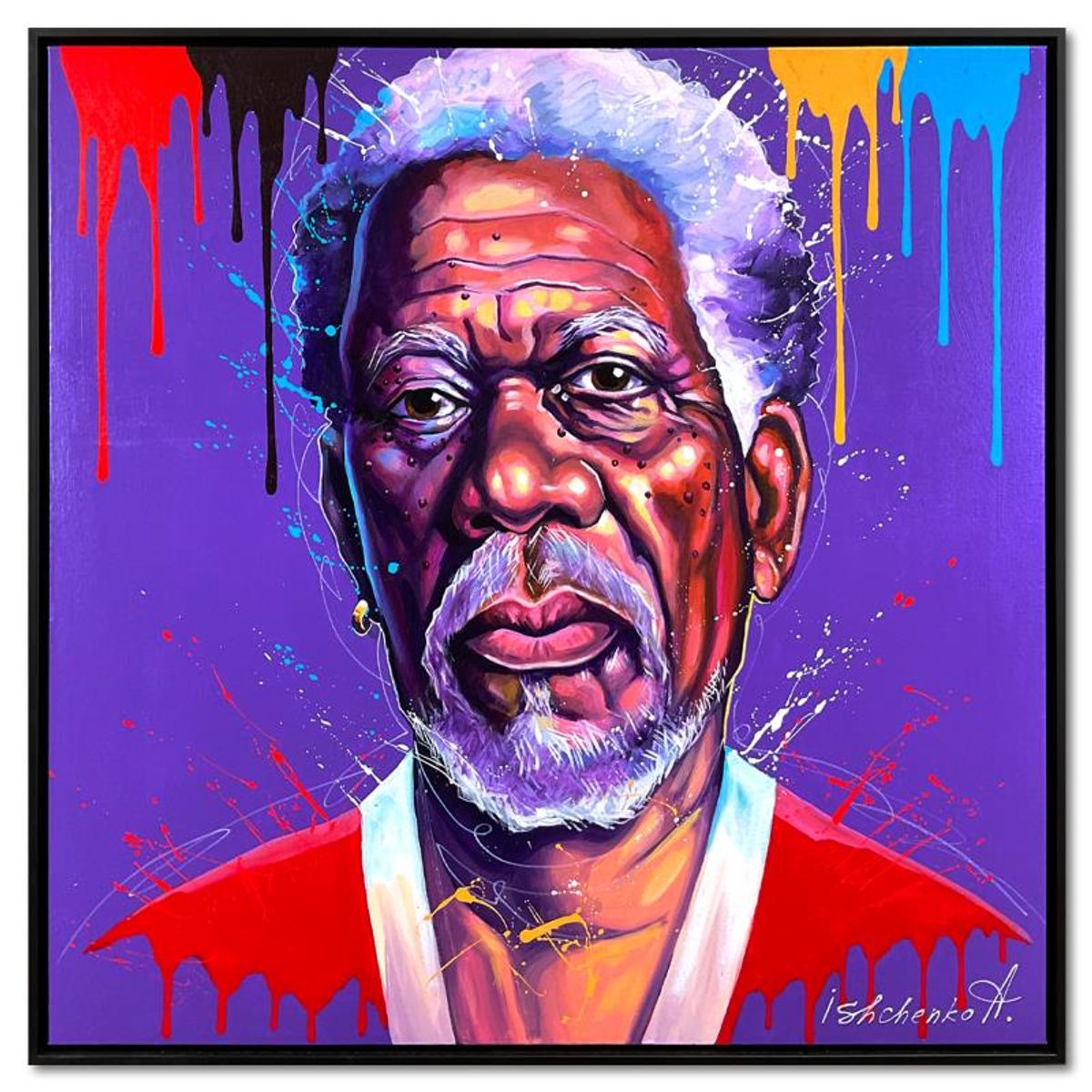 Alexander Ishchenko, "Morgan Freeman" Framed Original Acrylic Painting on Canvas, Hand Signed with Letter Authenticity.