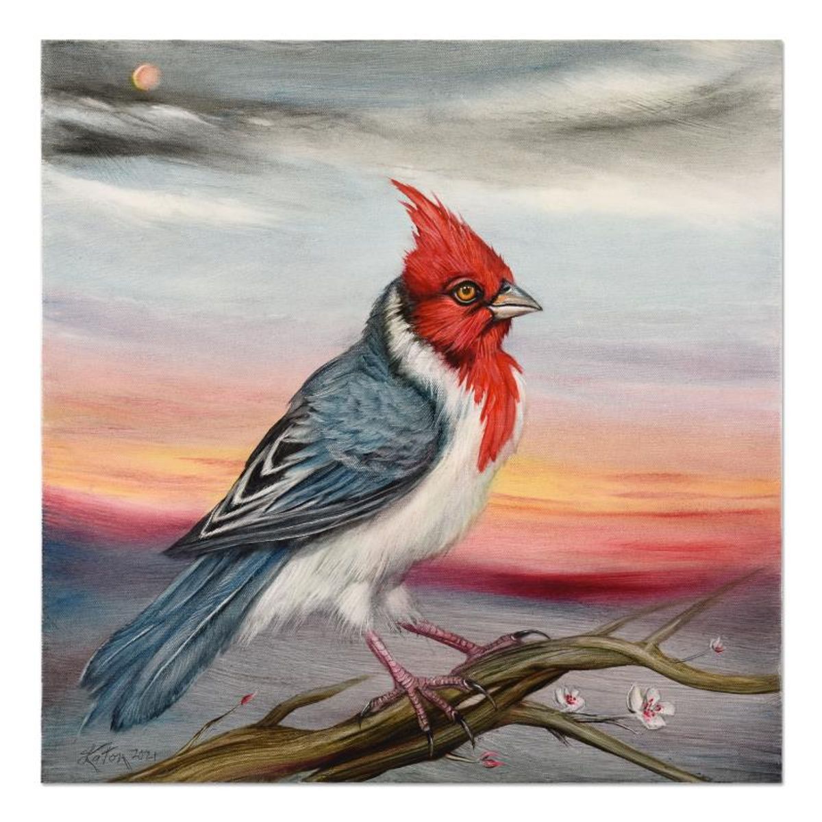 Martin Katon, "Red Crested Cardinal" Original Oil Painting on Canvas, Hand Signed with Letter of Authenticity.