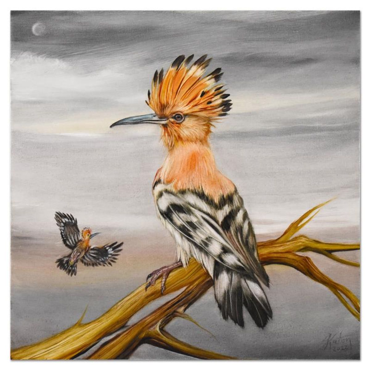 Martin Katon, "Happy Hoopoes" Original Oil Painting on Canvas, Hand Signed with Letter of Authenticity.