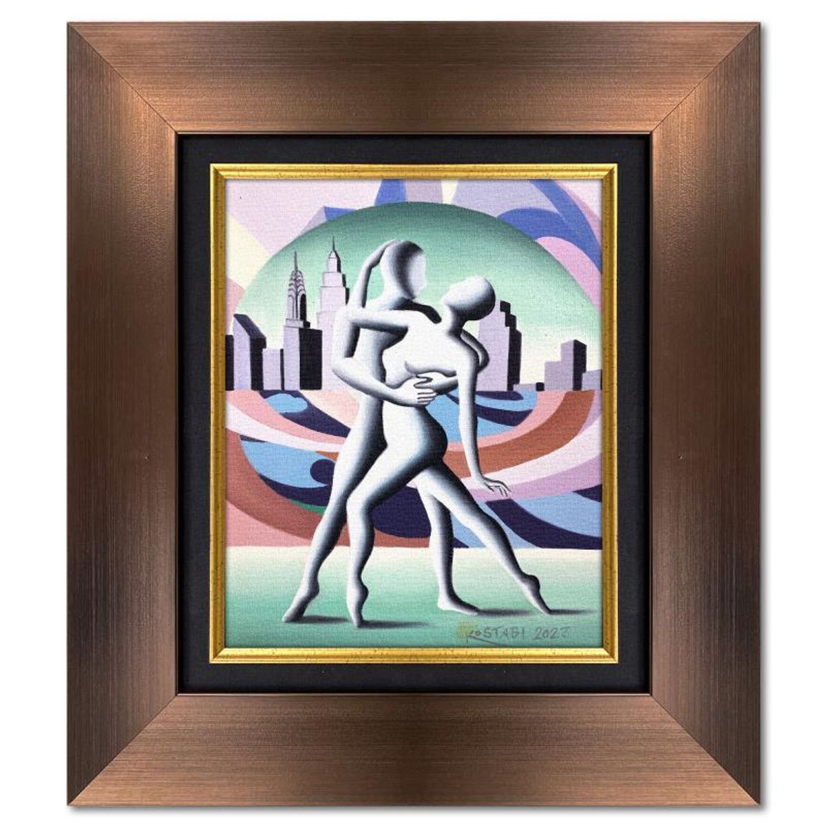 Mark Kostabi, "Dancing Dreamscape" Framed Original Oil Painting on Canvas, Hand Signed with Letter of Authenticity.