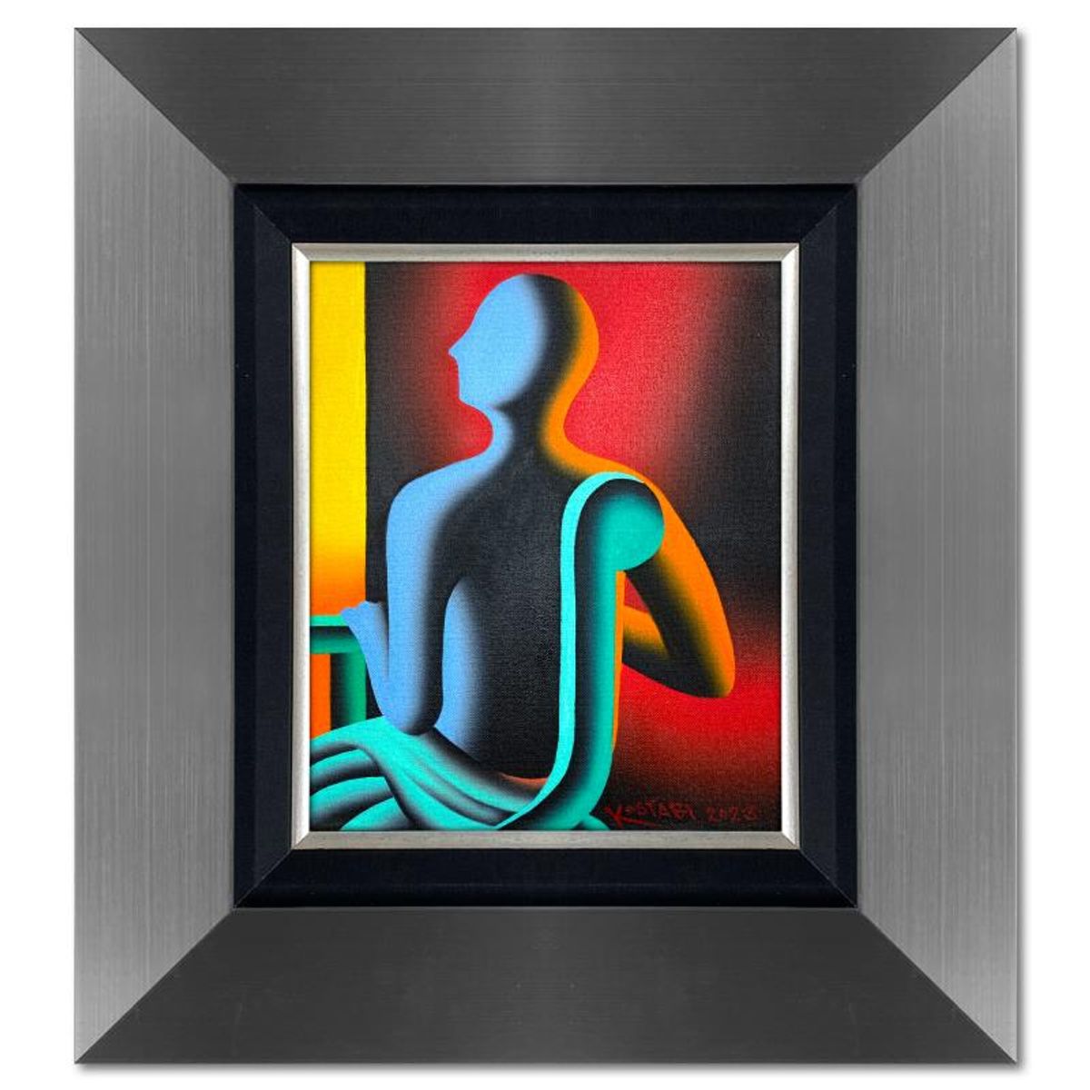 Mark Kostabi, "Scarlet Serenity" Framed Original Oil Painting on Canvas, Hand Signed with Letter of Authenticity.