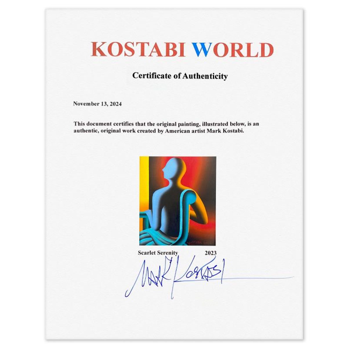 Mark Kostabi, "Scarlet Serenity" Framed Original Oil Painting on Canvas, Hand Signed with Letter of Authenticity.