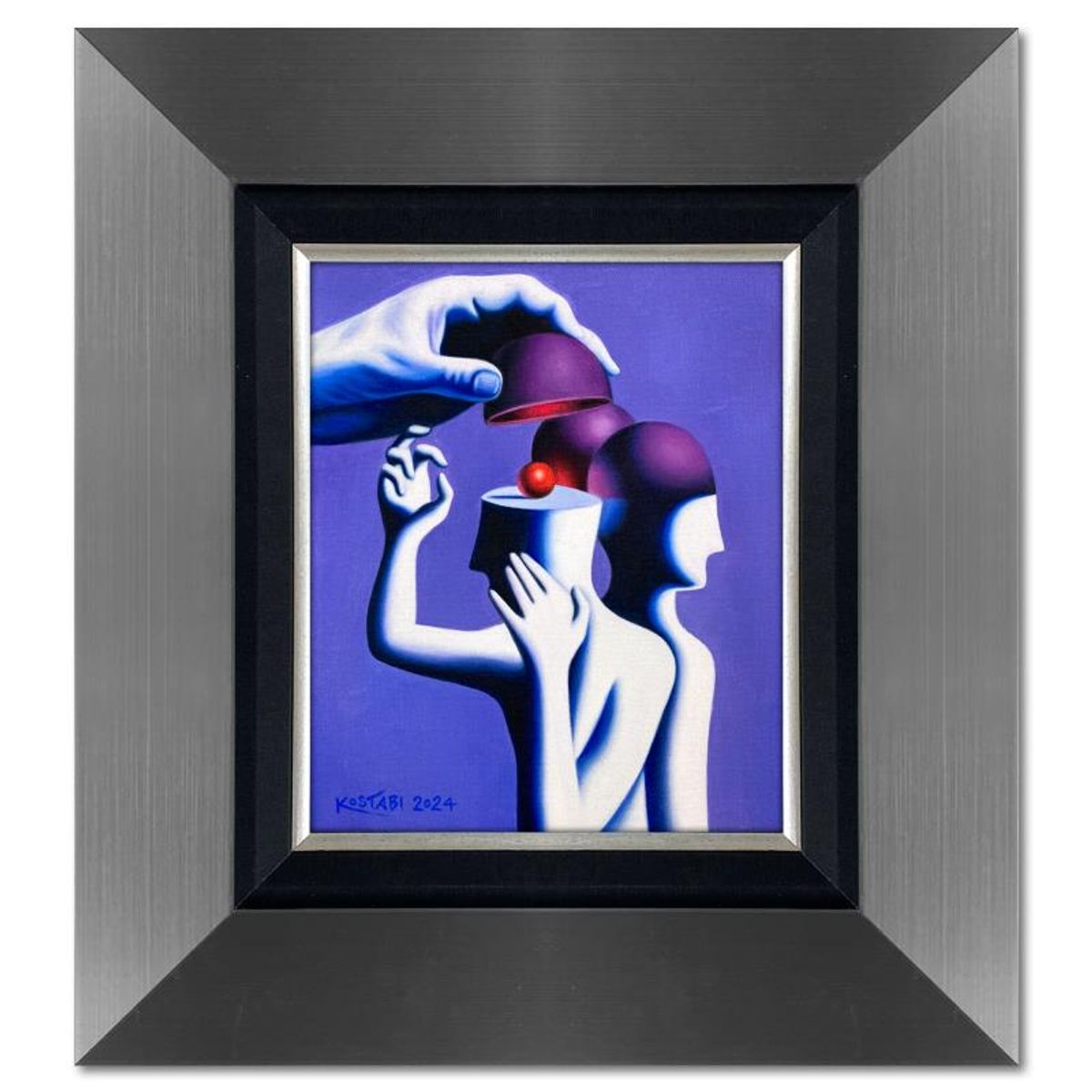 Mark Kostabi, "Hidden Truths" Framed Original Oil Painting on Canvas, Hand Signed with Letter of Authenticity.