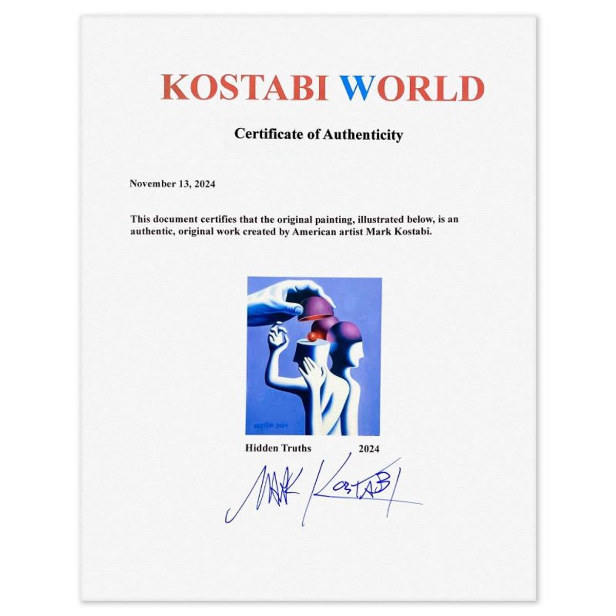 Mark Kostabi, "Hidden Truths" Framed Original Oil Painting on Canvas, Hand Signed with Letter of Authenticity.