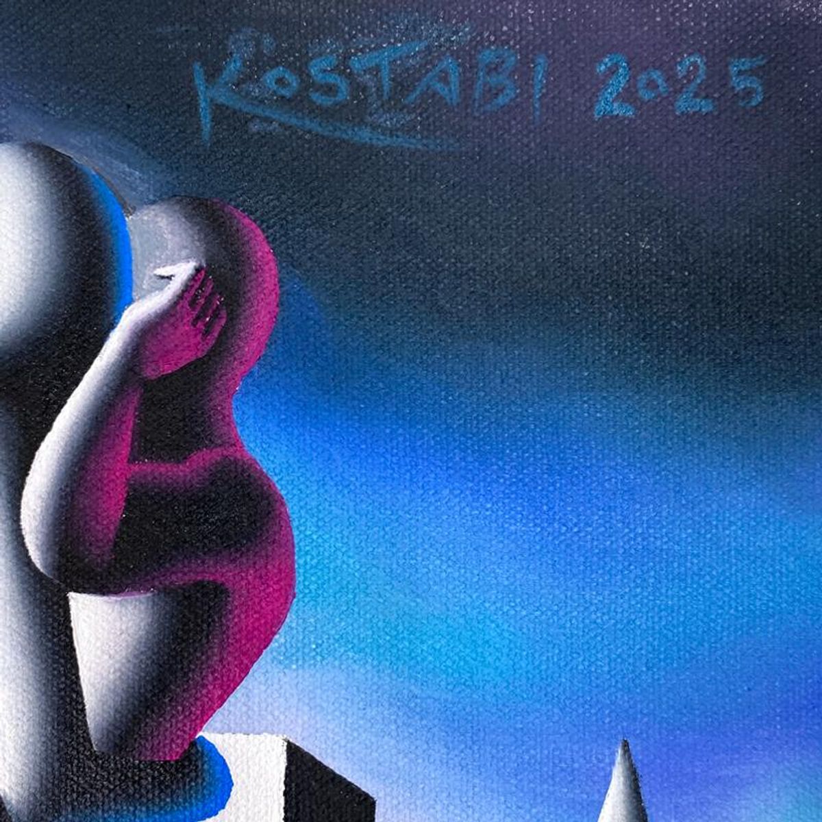 Mark Kostabi, "The Geometry of Desire" Framed Original Oil Painting on Canvas, Hand Signed with a Certificate of Authenticity.