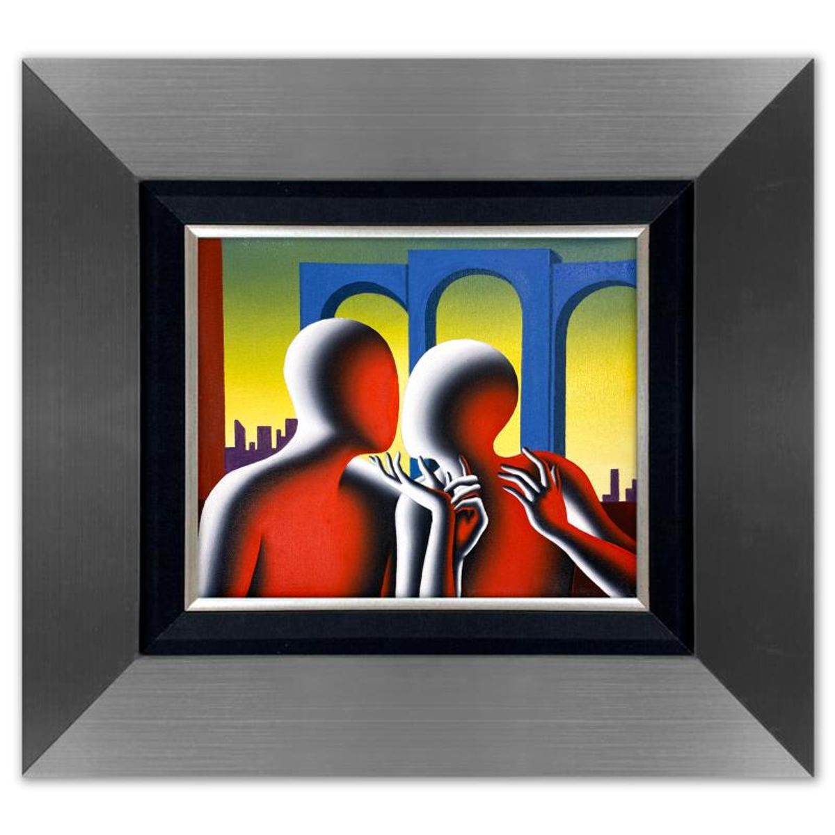 Mark Kostabi, "Whispers of the Past, Joys of the Future" Framed Original Oil Painting on Canvas, Hand Signed with a Certificate of Authenticity.