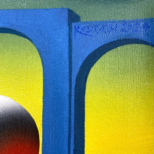 Mark Kostabi, "Whispers of the Past, Joys of the Future" Framed Original Oil Painting on Canvas, Hand Signed with a Certificate of Authenticity.