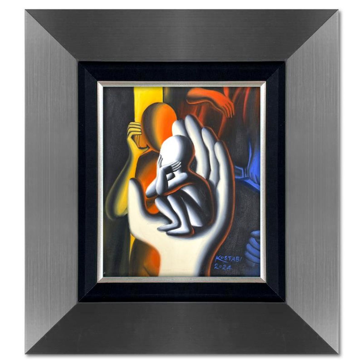 Mark Kostabi, "Safe Haven" Framed Original Oil Painting on Canvas, Hand Signed with a Certificate of Authenticity.