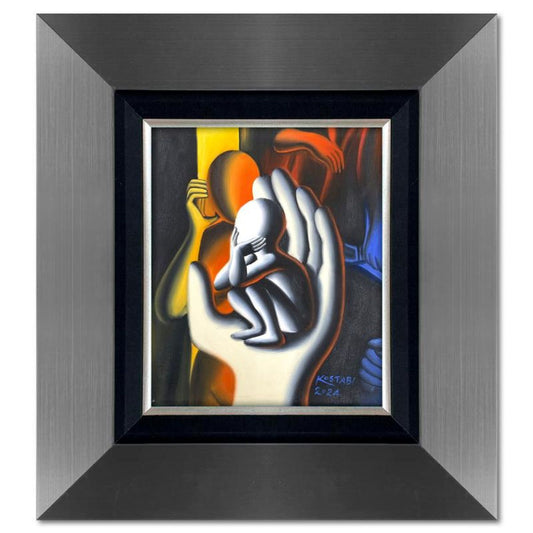 Mark Kostabi, "Safe Haven" Framed Original Oil Painting on Canvas, Hand Signed with a Certificate of Authenticity.