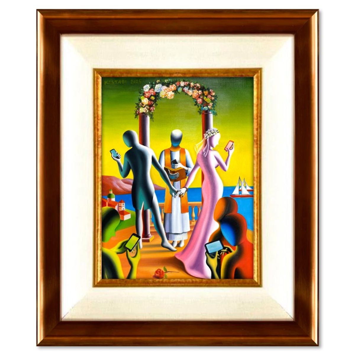 Mark Kostabi, "Nuptial Notifications" Framed Original Oil Painting on Canvas, Hand Signed with COA