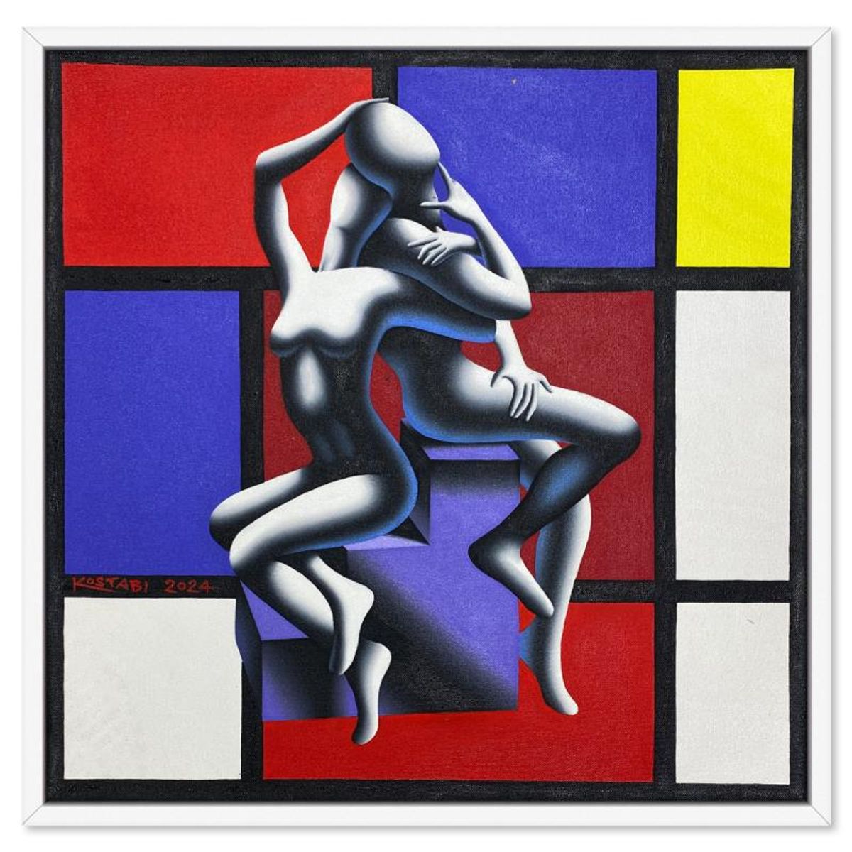 Mark Kostabi, "Intersection of the Heart" Framed Original Oil Painting on Canvas, Hand Signed with a Certificate of Authenticity.