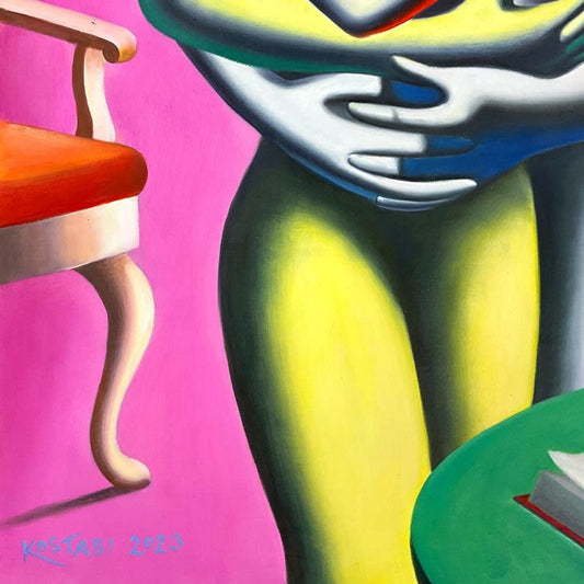 Mark Kostabi, "Above All Else" Framed Original Painting on Canvas, Hand Signed with Certificate of Authenticity.