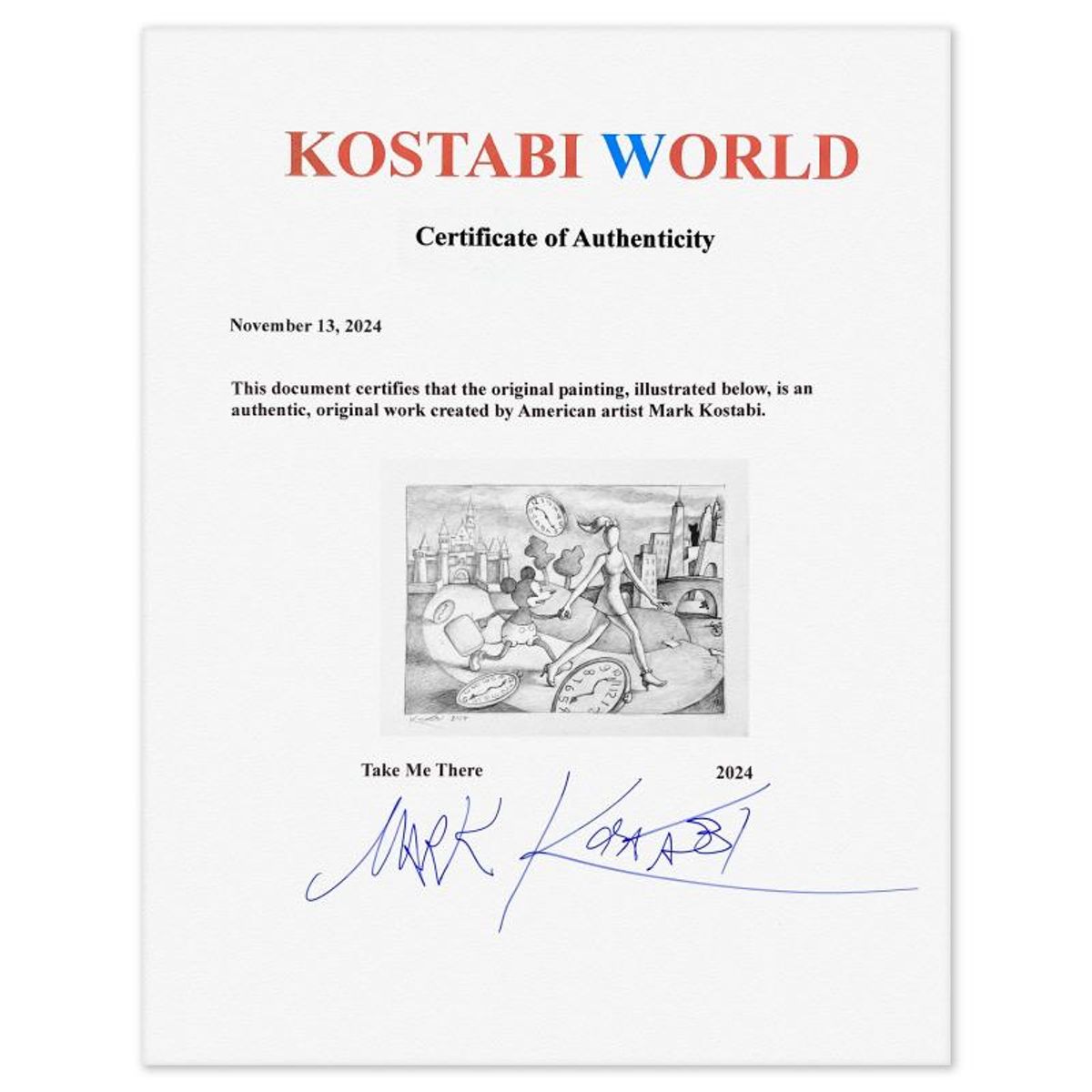 Mark Kostabi, "Take Me There" Framed Original Drawing on Paper, Hand Signed with Certificate of Authenticity