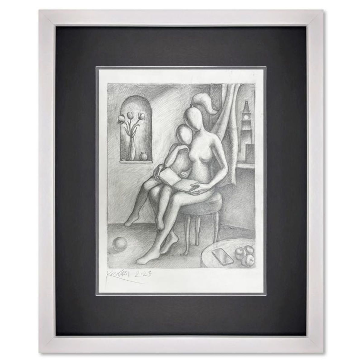 Mark Kostabi, "Wind's Night Symphony" Framed Original Drawing on Paper, Hand Signed with Certificate of Authenticity.