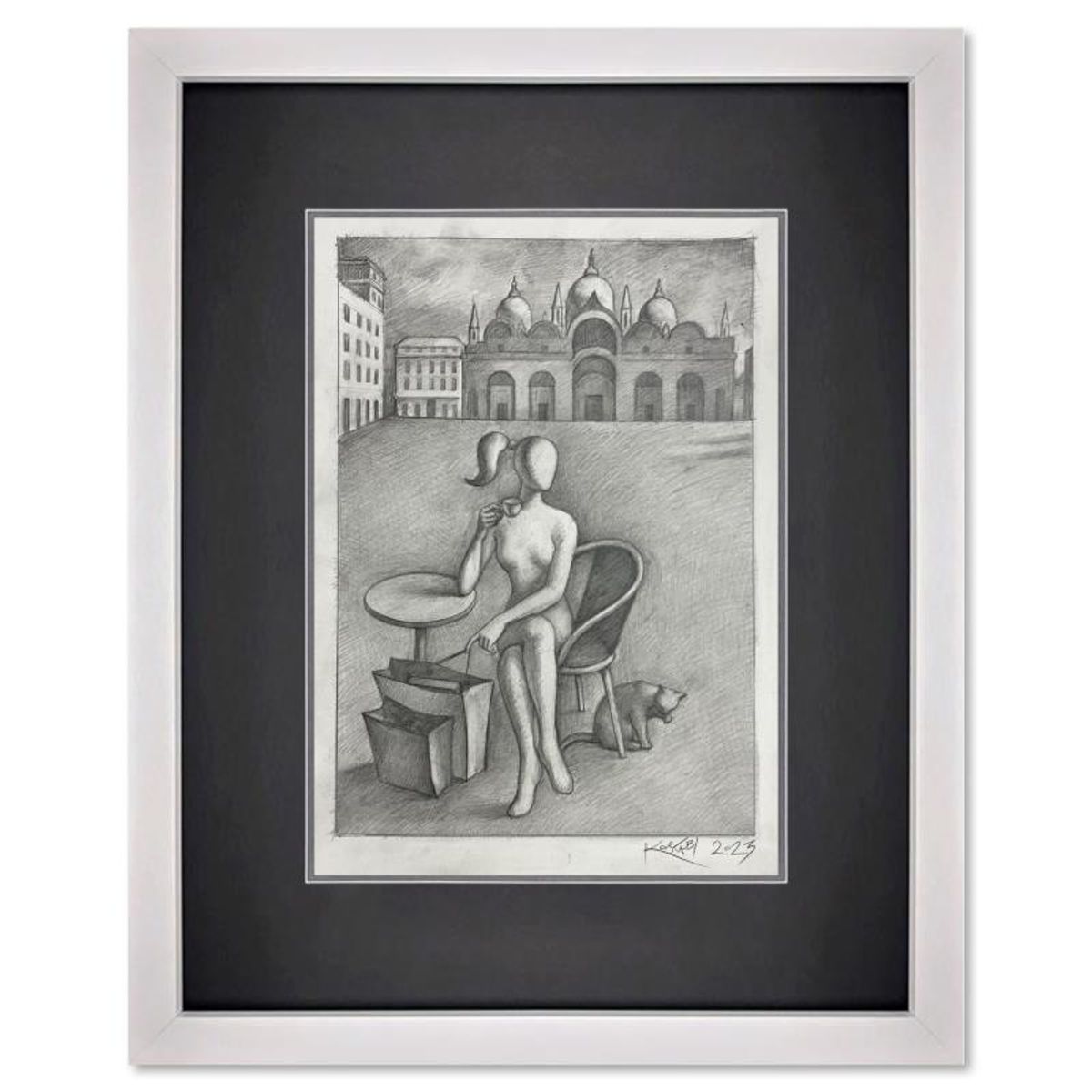 Mark Kostabi, "Waiting for Mark" Framed Original Drawing on Paper, Hand Signed with Certificate of Authenticity