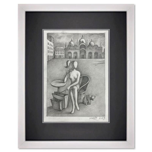 Mark Kostabi, "Waiting for Mark" Framed Original Drawing on Paper, Hand Signed with Certificate of Authenticity