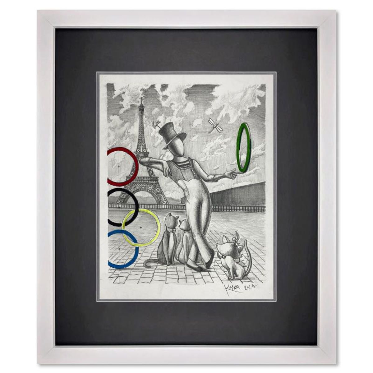 Mark Kostabi, "Unforgettable Spectacle" Framed Original Mixed Media Drawing on Paper, Hand Signed with Certificate of Authenticity