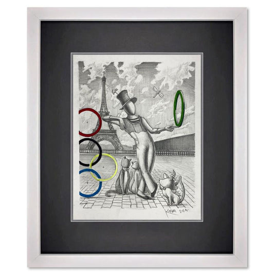 Mark Kostabi, "Unforgettable Spectacle" Framed Original Mixed Media Drawing on Paper, Hand Signed with Certificate of Authenticity