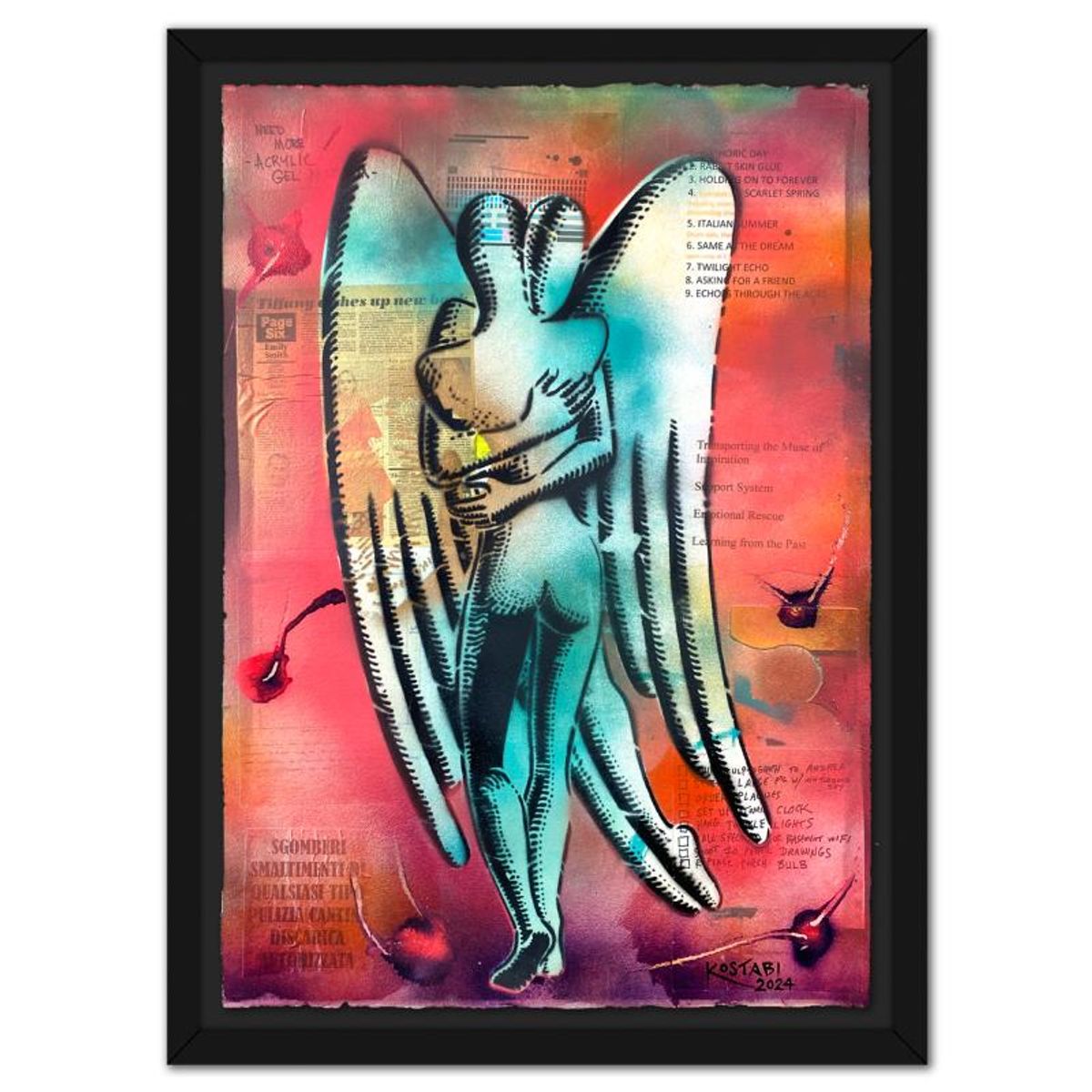 Mark Kostabi, "Embracing Eternity" Framed Original Mixed Media Painting, Hand Signed with Certificate of Authenticity.