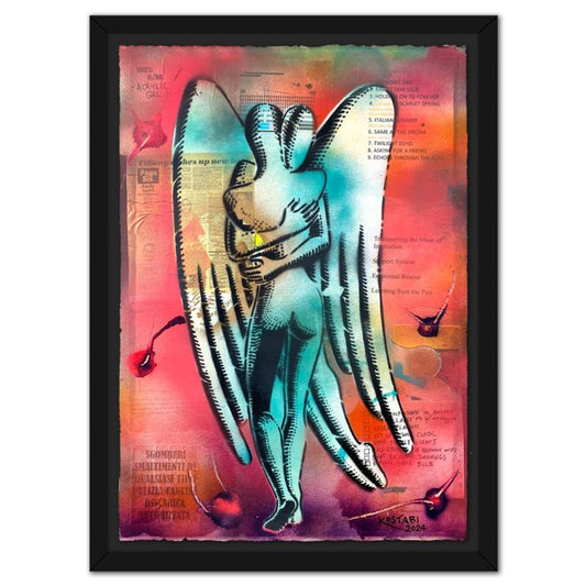 Mark Kostabi, "Embracing Eternity" Framed Original Mixed Media Painting, Hand Signed with Certificate of Authenticity.