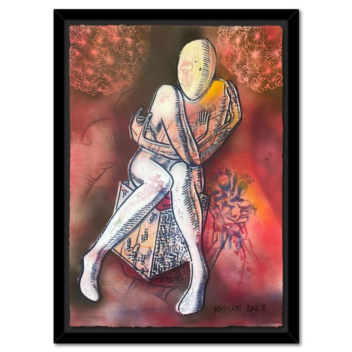 Mark Kostabi, "Scarlet Introspection" Framed Original Mixed Media Painting, Hand Signed with Certificate of Authenticity.