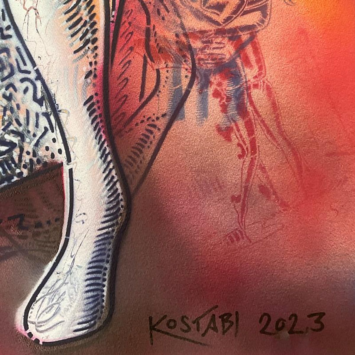 Mark Kostabi, "Scarlet Introspection" Framed Original Mixed Media Painting, Hand Signed with Certificate of Authenticity.