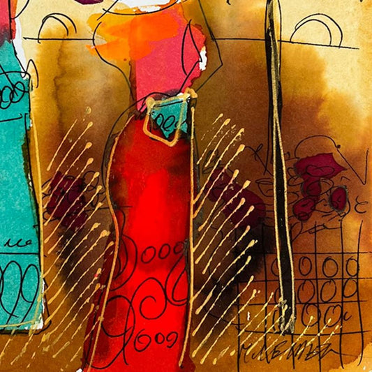 Moshe Leider, Framed Original Mixed Media Watercolor Painting, Hand Signed with Letter of Authenticity.