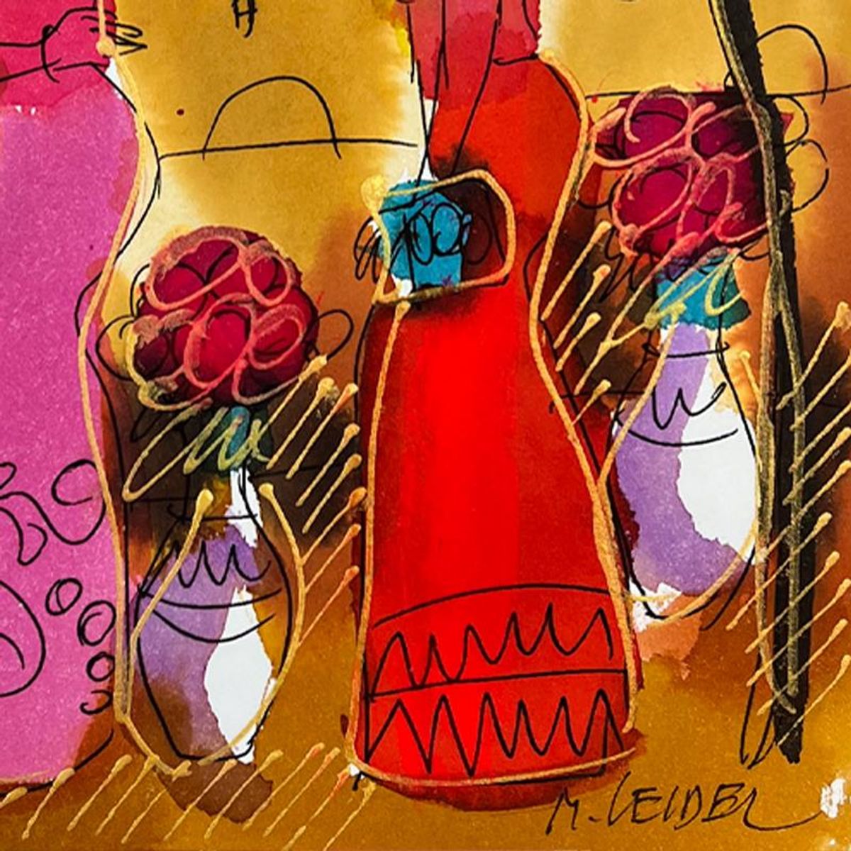 Moshe Leider, Framed Original Mixed Media Watercolor Painting, Hand Signed with Letter of Authenticity.