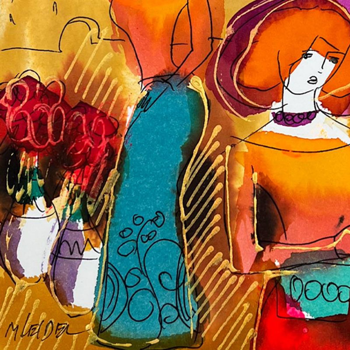 Moshe Leider, Framed Original Mixed Media Watercolor Painting, Hand Signed with Letter of Authenticity.