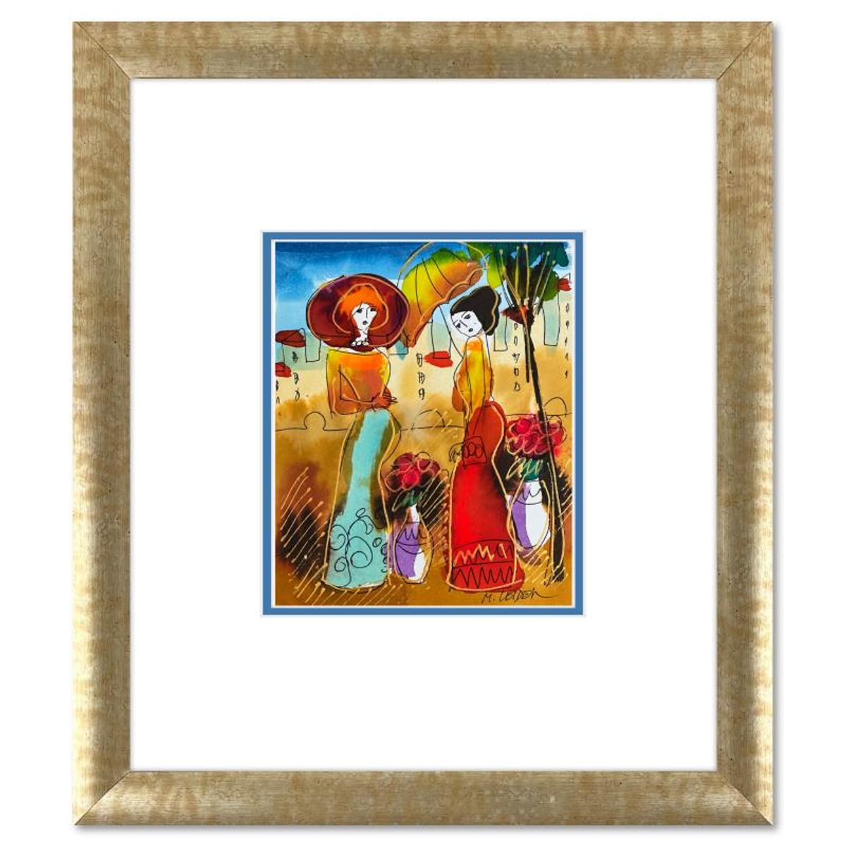 Moshe Leider, Framed Original Mixed Media Watercolor Painting, Hand Signed with Letter of Authenticity.