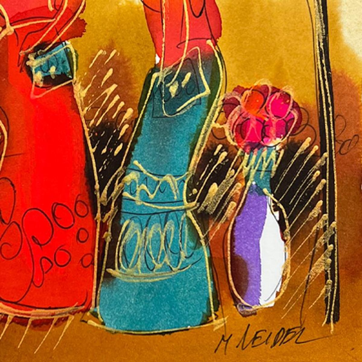 Moshe Leider, Framed Original Mixed Media Watercolor Painting, Hand Signed with Letter of Authenticity.