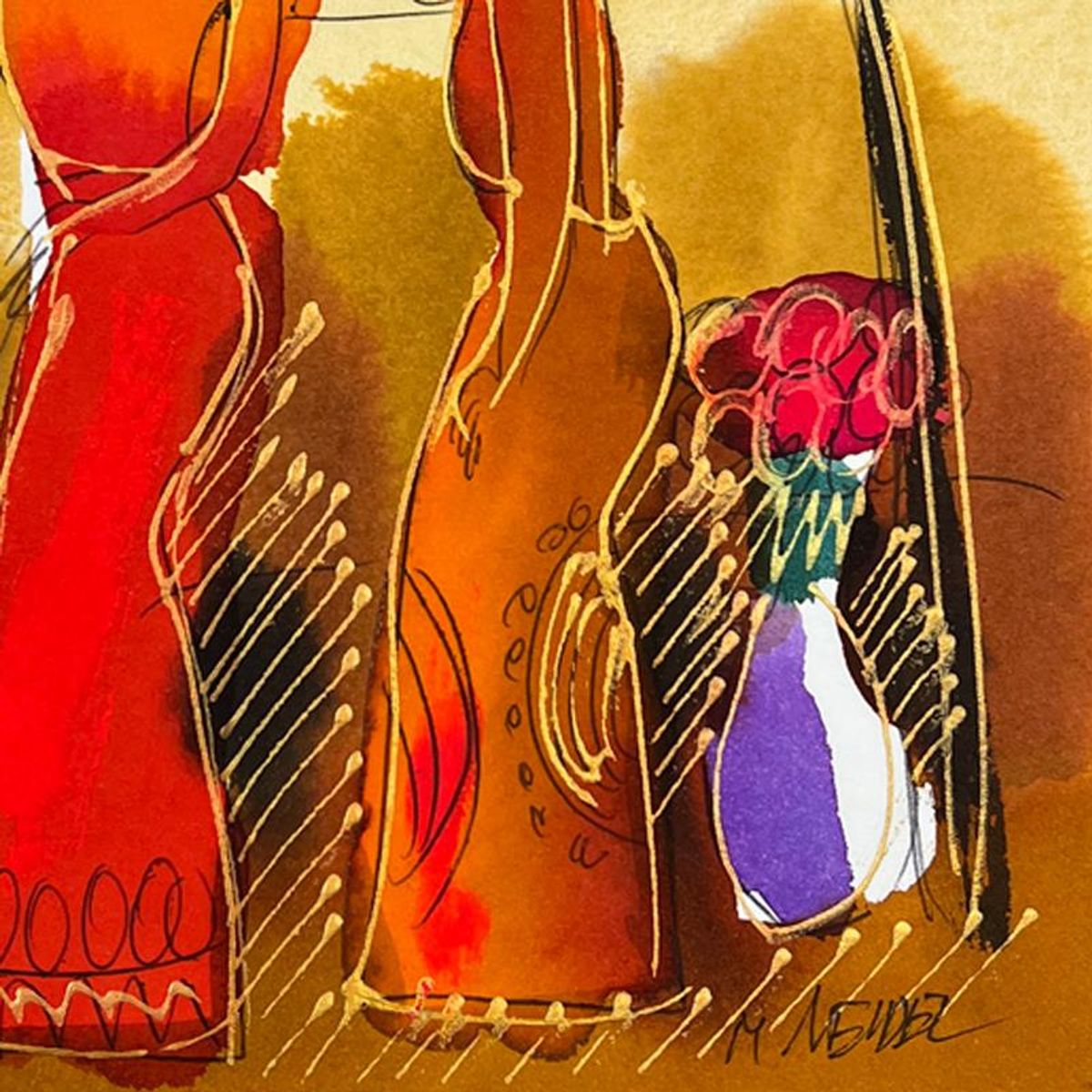 Moshe Leider, Framed Original Mixed Media Watercolor Painting, Hand Signed with Letter of Authenticity.