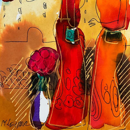 Moshe Leider, Framed Original Mixed Media Watercolor Painting, Hand Signed with Letter of Authenticity.