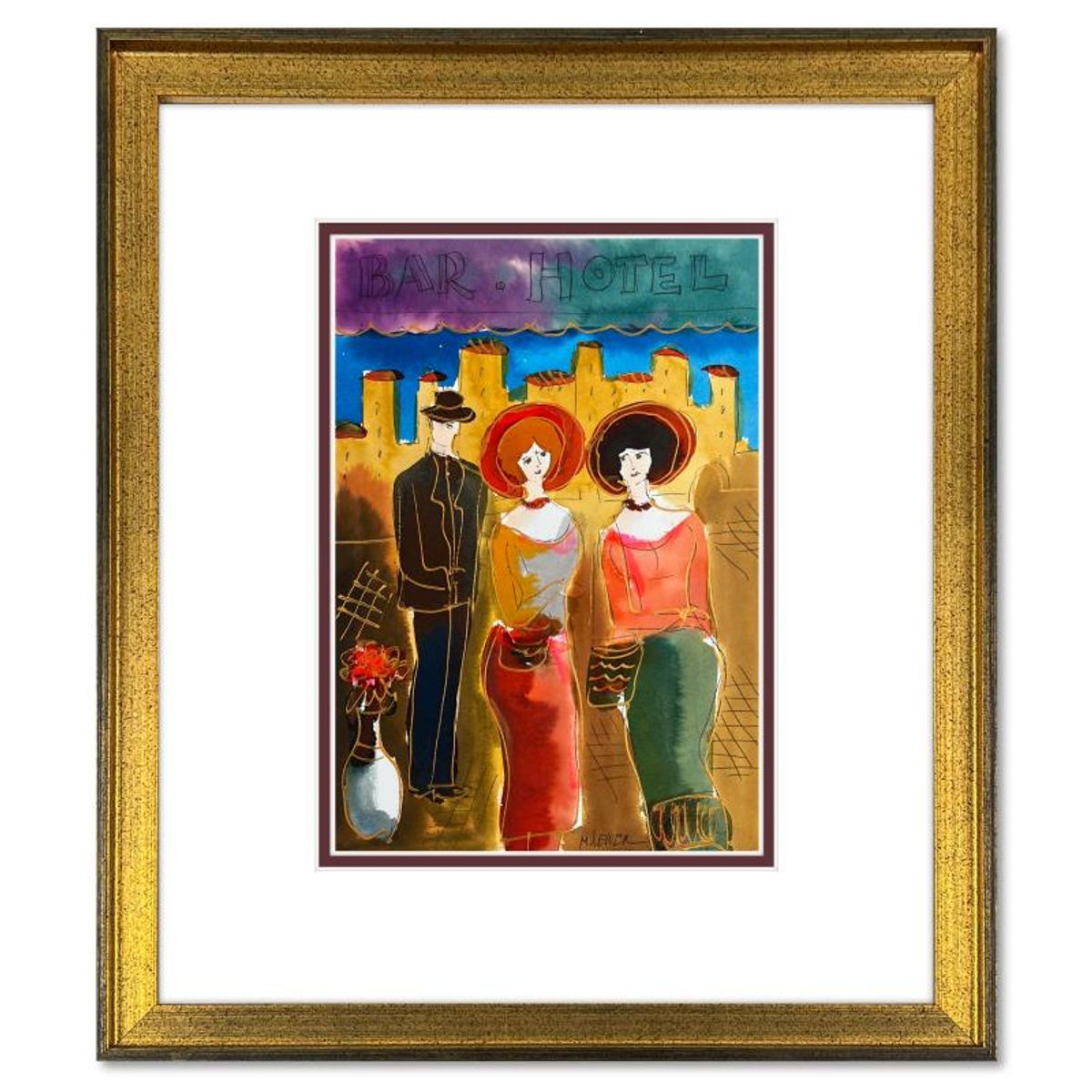 Moshe Leider, Framed Original Mixed Media Watercolor Painting, Hand Signed with Letter of Authenticity.