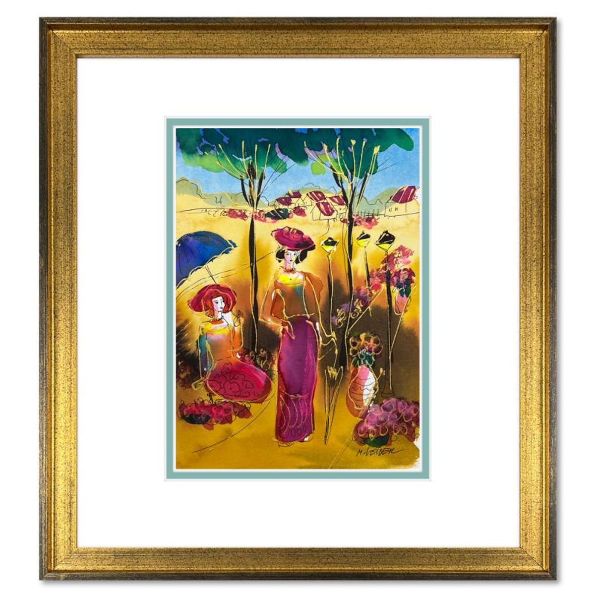 Moshe Leider, Framed Original Mixed Media Watercolor Painting, Hand Signed with Letter of Authenticity.