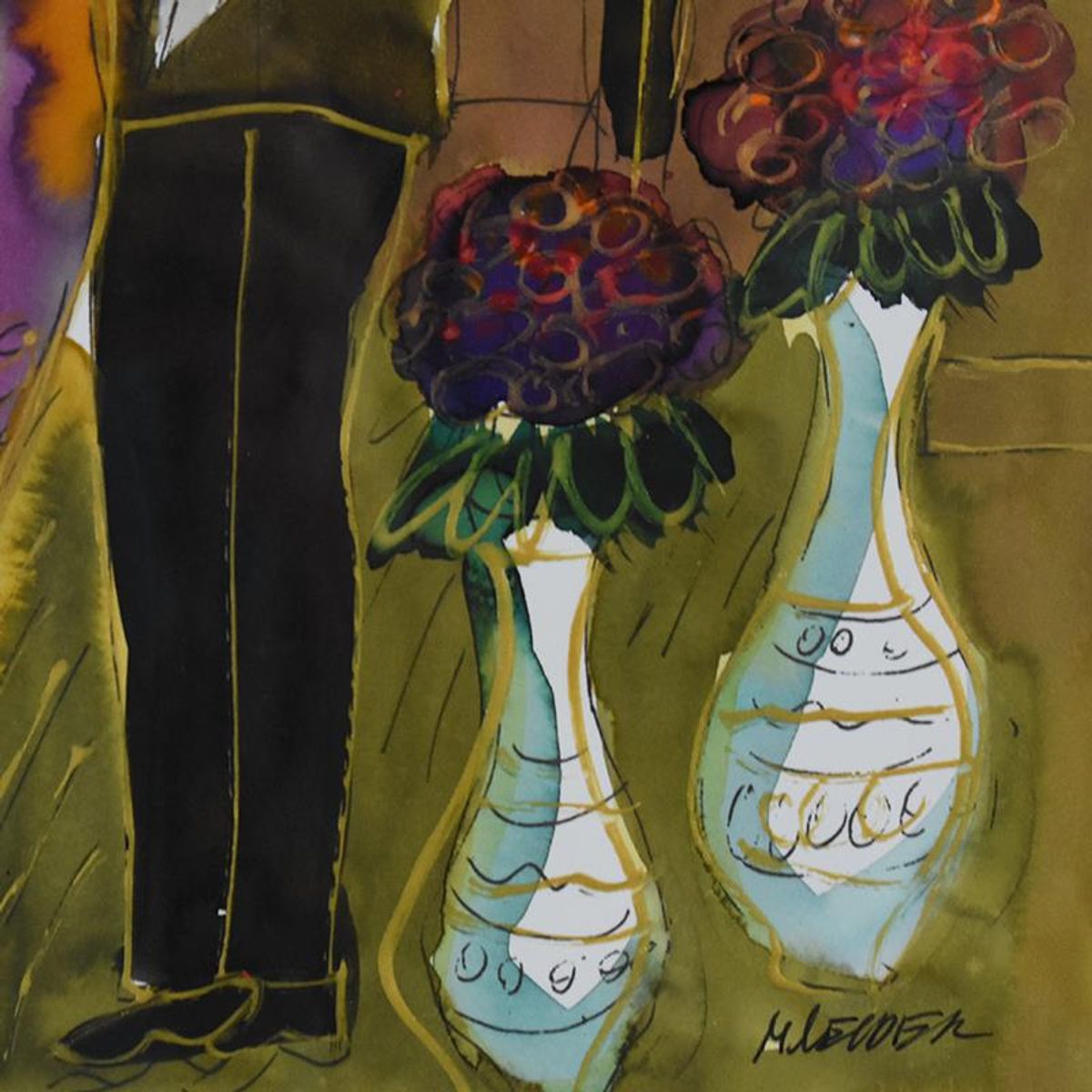 Moshe Leider, Framed Original Mixed Media Watercolor Painting, Hand Signed with Letter of Authenticity.