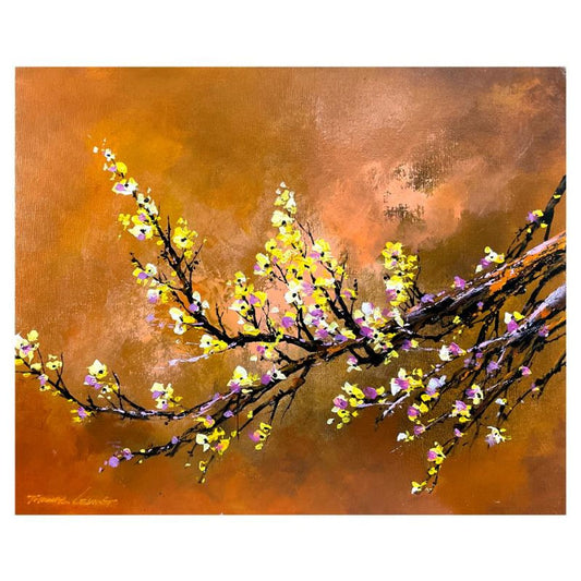 Thomas Leung, "Yellow Plum Blossom" Original Acrylic Painting on Board, Hand Signed with Letter of Authenticity